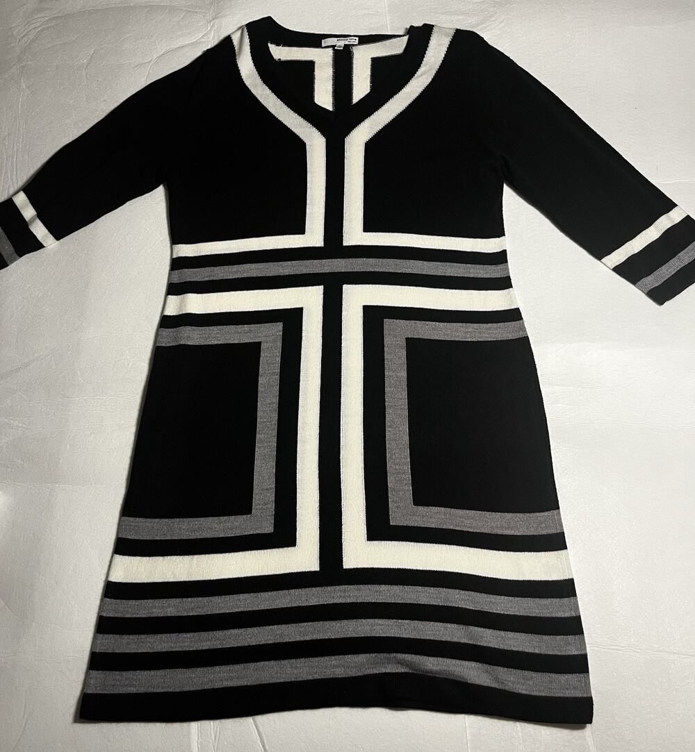 Studio One New York Womens XL Sweater Dress Black White Gray Geometric 3/4 Sleev